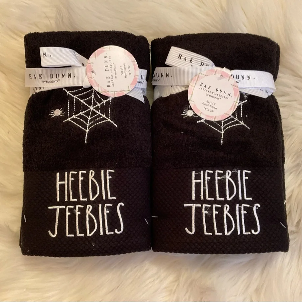 Rae Dunn Heebie Jeebies Hand Towels - NWT x2 Set / 4 Towels - Spiders Halloween
